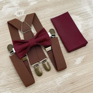 Cabernet Bow Tie & Suspenders, Wine Bowtie Set, Brown X - Back Braces, Groomsman Gift, Ring Bearer Wedding Outfit, All Sizes Men and Boys