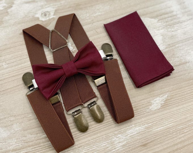 Cabernet Bow Tie & Suspenders, Wine Bowtie Set, Brown X - Back Braces, Groomsman Gift, Ring Bearer Wedding Outfit, All Sizes Men and Boys