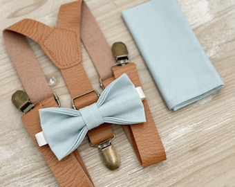Mist Bow Tie & Leather Suspenders Set - Ring Bearer and Groomsman Outfit, Rustic Wedding, Pocket Square, All Sizes Baby to Adult