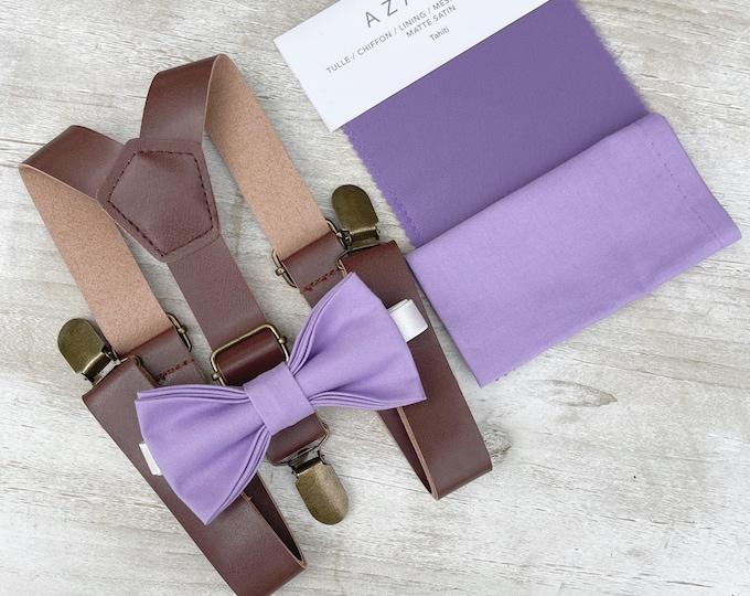 Tahiti Bow Tie & Leather Suspenders Set - Ring Bearer and Groomsman Outfit, Rustic Wedding, Purple Pocket Square, All Sizes Baby to Adult