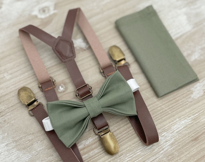 Moss Bow Tie and Suspenders – All Sizes for Men and Boys, Skinny Leather Braces, Pocket Square, Ring Bearer Outfit, Boho Rustic Wedding
