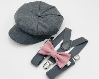 Newsboy Cap, Gatsby Flat Cap, Dark Gray Suspenders & Dusty Rose Bow Tie - Baby to Adult Sizes, Ring Bearer Outfit, Page Boy Wedding Set