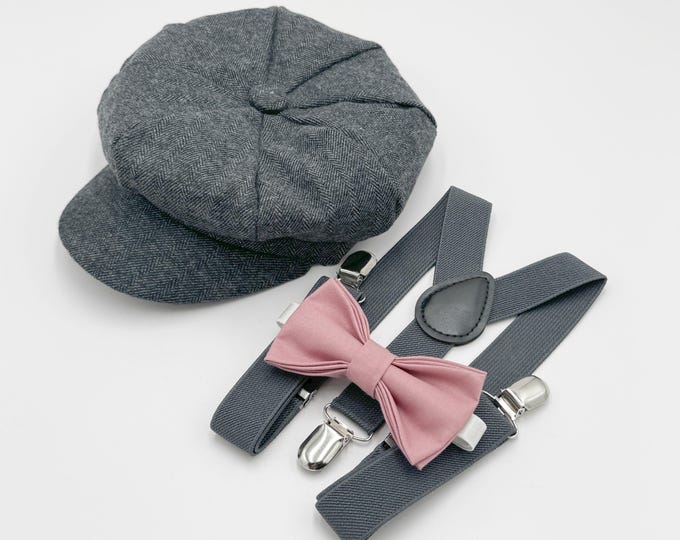 Newsboy Cap, Gatsby Flat Cap, Dark Gray Suspenders & Dusty Rose Bow Tie - Baby to Adult Sizes, Ring Bearer Outfit, Page Boy Wedding Set