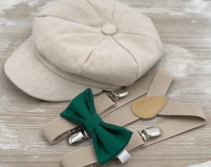 Newsboy Cap, Champagne Suspenders, Juniper Bow Tie, Ring Bearer Outfit, Cake Smash Outfit, Page Boy Cap, Wedding Set, Applejack Hat