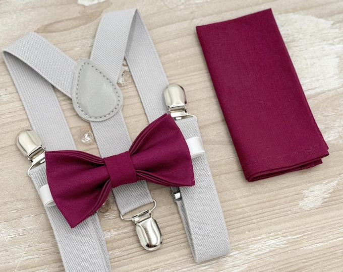 Sangria Bow tie & Suspenders | Light Gray Braces | Maroon Crimson Bow | Pocket Square | Ring Bearer Outfit | Boho Rustic Wedding