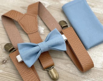 Steel Blue Bow Tie & Leather Suspenders Set - Ring Bearer and Groomsman Outfit, Rustic Wedding, Pocket Square, All Sizes Baby to Adult