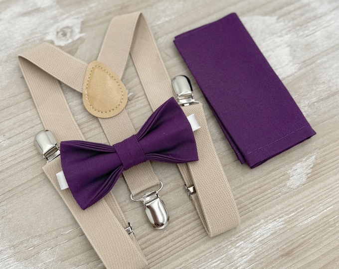 Plum Bow tie & Suspenders, Champagne Tan Braces, Grape Bowtie, Pocket Square, Ring Bearer Outfit, Boho Rustic Wedding Set