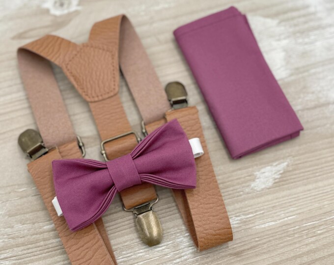 Chianti Bow Tie & Leather Suspenders Set – Pocket Square, Ring Bearer Outfit, Mulberry Rustic Wedding, Groomsman Gift – Baby to Adult Sizes