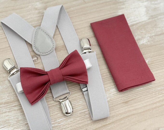 Rosewood Bow Tie & Gray Suspenders Set - Ring Bearer and Groomsman Outfit, Rustic Wedding, Cotton Pocket Square, All Sizes Baby to Adult