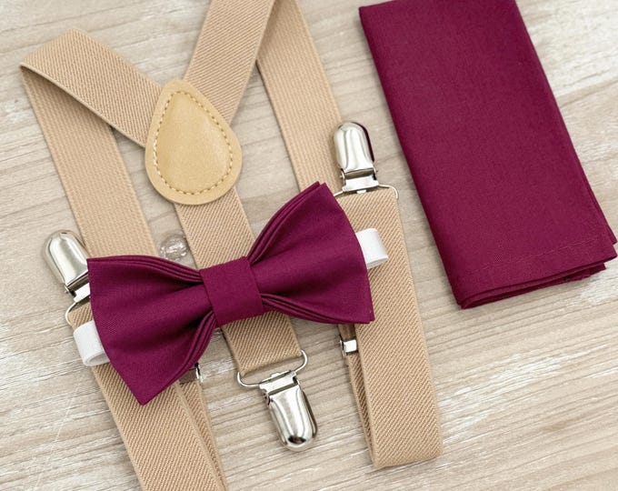 Sangria Bow tie & Suspenders, Nude Beige Braces, Maroon Crimson Bow, Pocket Square, Ring Bearer Outfit, Boho Rustic Wedding