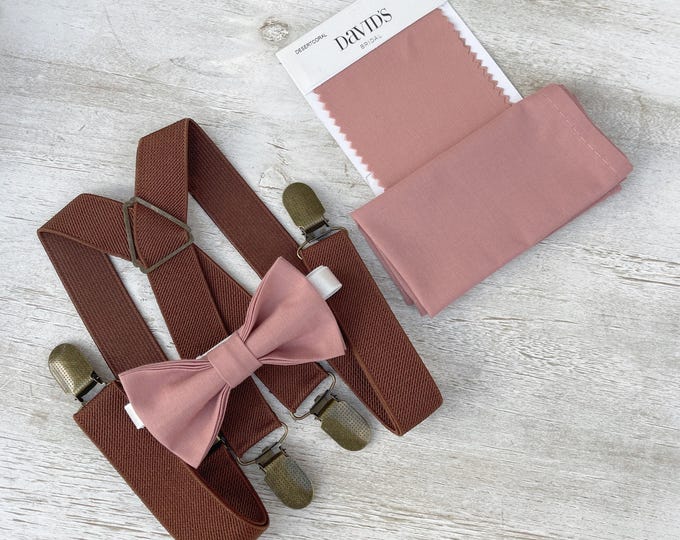 Desert Coral Bow Tie & Brown X - Back Suspenders Set - Ring Bearer Groomsman Outfit, Rustic Wedding, Pocket Square, All Sizes Baby to Adult
