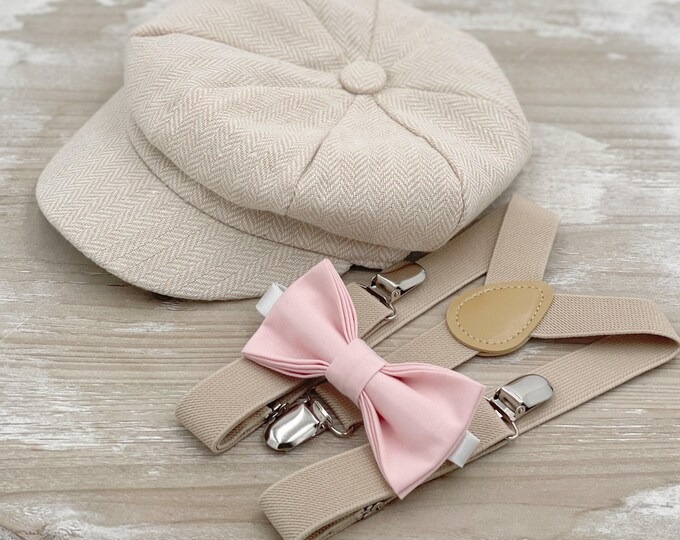 Newsboy Cap, Champagne Suspenders, Blush Bow Tie, Ring Bearer Outfit, Cake Smash Outfit, Page Boy Cap, Wedding Set, Applejack Hat