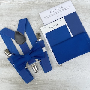 Royal Blue Bow Tie & Suspenders – Ring Bearer and Groomsman Outfit, Rustic Boho Wedding Set, Pocket Square, Toddler to Adult Sizes
