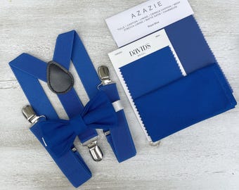 Royal Blue Bow Tie & Suspenders – Ring Bearer and Groomsman Outfit, Rustic Boho Wedding Set, Pocket Square, Toddler to Adult Sizes