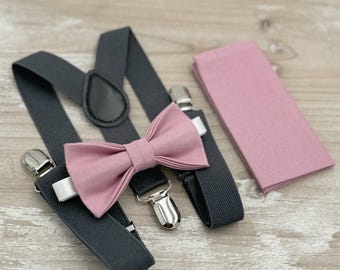 Vintage Mauve Bow Tie & Suspenders – All Sizes for Men and Boys, Dark Gray Braces, Pocket Square, Ring Bearer, Boho Rustic Wedding