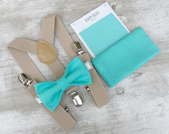 Spa Bow tie & Suspenders, Champagne Tan Braces, Pocket Square, Ring Bearer Outfit, Rustic Boho Wedding, Groomsman Gift