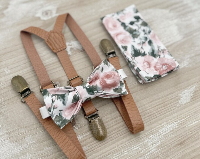 Floral Bow tie & Skinny Vegan Leather Suspenders, Dusty Rose Bow, Pocket Square, Ring Bearer Outfit, Boho Wedding, Groomsman Gift