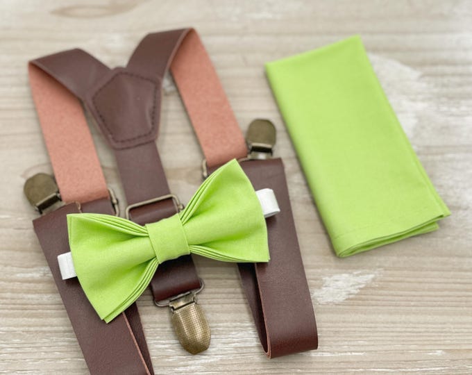 Pear Bow Tie & Leather Suspenders - Ring Bearer and Groomsman Outfit, Rustic Wedding, Lime Green Pocket Square, Baby to Adult Sizes