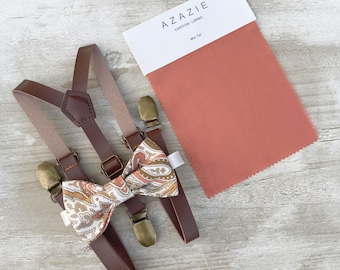 Paisley Mai Tai Bow Tie & Skinny Leather Suspenders - Ring Bearer and Groomsman Outfit, Rustic Wedding, All Sizes Baby to Adult