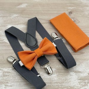 Burnt Orange Bow Tie & Dark Gray Suspenders Set - Ring Bearer and Groomsman Outfit, Rustic Wedding, Pocket Square, All Sizes Baby to Adult