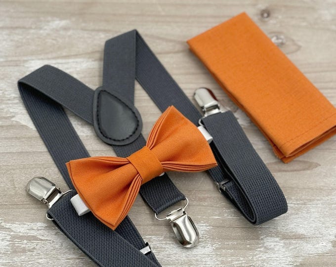 Burnt Orange Bow Tie & Dark Gray Suspenders Set - Ring Bearer and Groomsman Outfit, Rustic Wedding, Pocket Square, All Sizes Baby to Adult