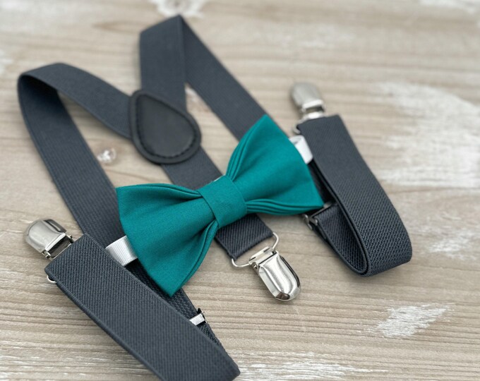 Teal Bow Tie & Dark Gray Suspenders Set - Ring Bearer and Groomsman Outfit, Rustic Wedding, Pocket Square, All Sizes Baby to Adult