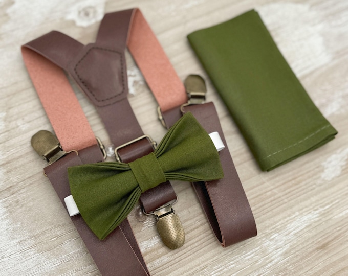Olive Bow tie & Suspenders, Leather Braces, Pocket Square, Ring Bearer Outfit, Boho Rustic Wedding