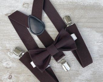 Coffee Brown Bow Tie & Suspenders Set - Ring Bearer and Groomsman Outfit