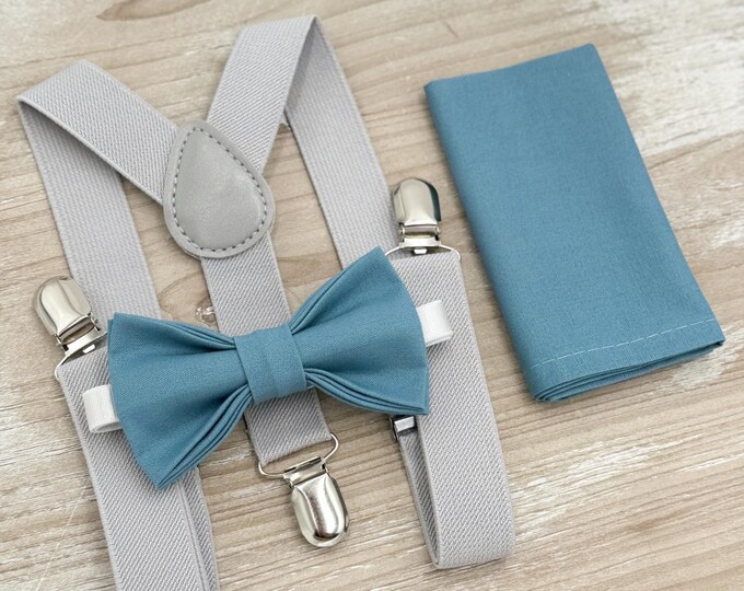 Bermuda Bow Tie & Gray Suspenders - Ring Bearer and Groomsman Outfit, Rustic Wedding, French Blue Pocket Square, All Sizes Baby to Adult