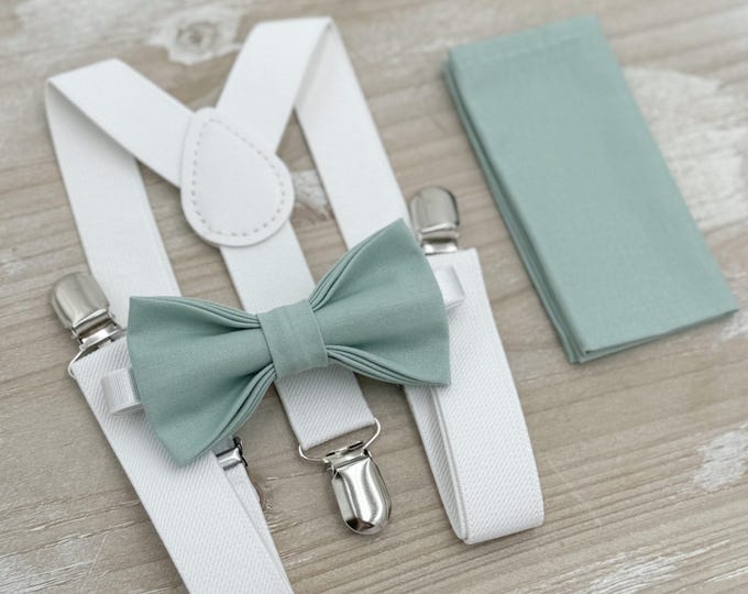 Dusty Sage Bow Tie & White Suspenders – Ring Bearer Outfit, All Sizes Baby to Adult, Groomsman Gift, Pocket Square, Boho Wedding Set