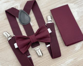 Sangria Bow Tie & Suspenders, Wine Braces, Groomsman Gift, Ring Bearer Outfit, Rustic Boho Wedding, All Sizes Men and Boys