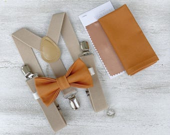 Burrterscctoh Bow Tie & Champagne Suspenders Set - Ring Bearer and Groomsman Outfit, Rustic Wedding, Pocket Square, All Sizes Baby to Adult