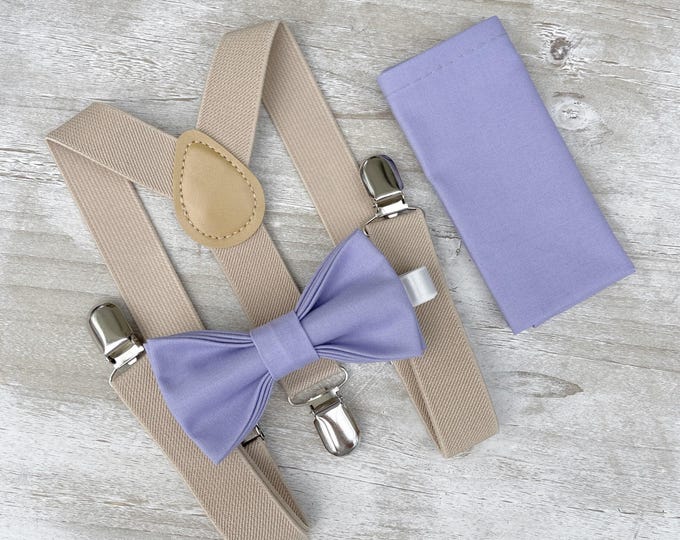 Lavender Purple Bow Tie & Champagne Tan Suspenders , Khaki Braces , Men's pocket square , Boy's Ring Bearer gift , Groomsmen Wedding outfit