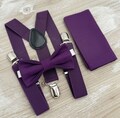 Plum Purple Bow Tie & Suspenders – Ring Bearer and Groomsman Outfit, Rustic Wedding, Pocket Square, Toddler to Adult Sizes