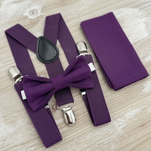 Plum Purple Bow Tie & Suspenders – Ring Bearer and Groomsman Outfit, Rustic Wedding, Pocket Square, Toddler to Adult Sizes