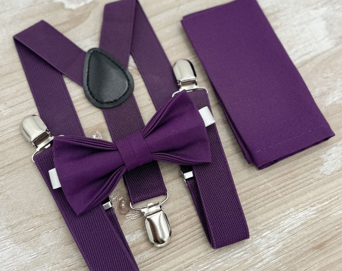 Plum Purple Bow Tie & Suspenders – Ring Bearer and Groomsman Outfit, Rustic Wedding, Pocket Square, Toddler to Adult Sizes
