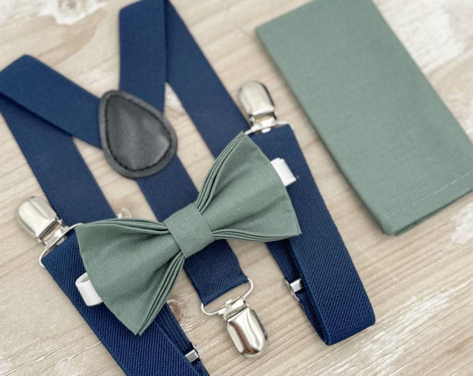 Eucalyptus Bow Tie & Navy Blue Suspenders Set - Ring Bearer and Groomsman Outfit, Rustic Wedding, Pocket Square, All Sizes Baby to Adult