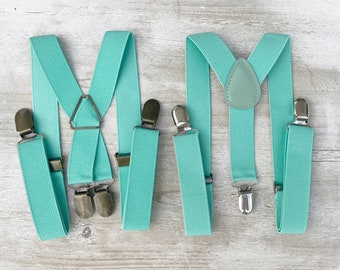 Wedding Turquoise SUSPENDERS , Groomsmen Mint Green Suspenders , Men's x - back suspenders , Boy's Ring bearer Toddler Baby Suspenders