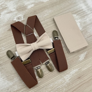 Biscotti Bow Tie & Brown X Back Suspenders Set - Ring Bearer and Groomsman Outfit, Rustic Wedding, Pocket Square, All Sizes Baby to Adult