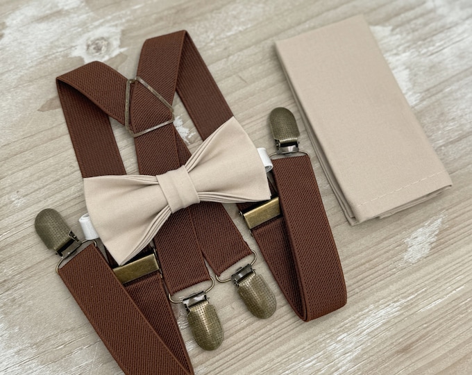 Biscotti Bow Tie & Brown Suspenders – Toddler to Adult Sizes, Ring Bearer Outfit, Groomsman Wedding Set, Rustic Boho Pocket Square