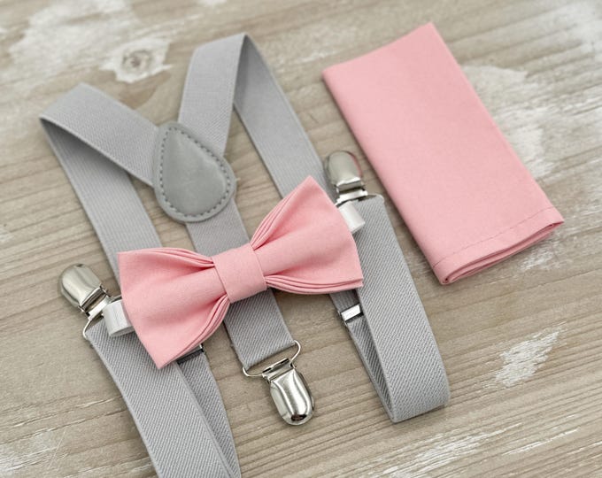 Ballet Bow tie & Suspenders | Light Gray Braces | Rosette Dusty Rose Bow | Pocket Square | Ring Bearer Outfit | Boho Rustic Wedding