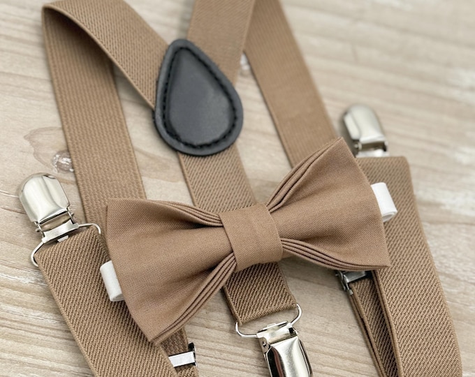 Taupe Bow tie & Suspenders | Pocket Square | Ring Bearer Outfit | Boho Rustic Wedding