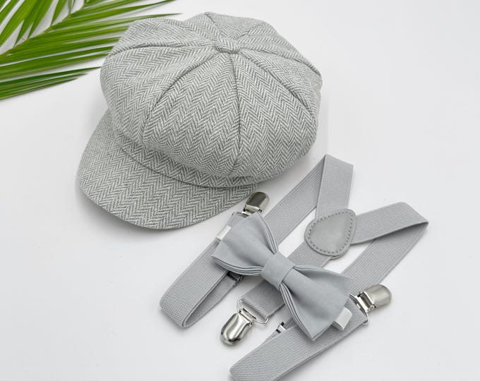 Newsboy Cap, Gatsby Flat Cap, Suspenders & Light Gray Bow Tie - Baby to Adult Sizes, Ring Bearer Outfit, Page Boy Wedding Set