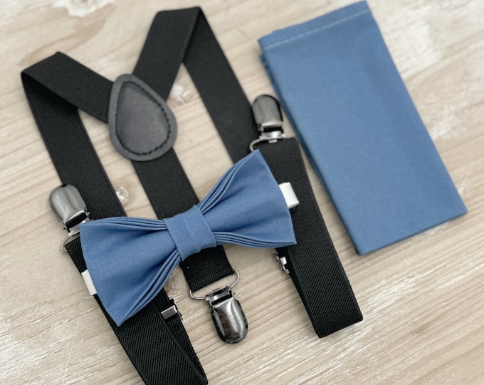 Dark Steel Bow tie & Suspenders | Black Braces | Twilight Blue Bow | Pocket Square | Ring Bearer Outfit | Boho Rustic Wedding