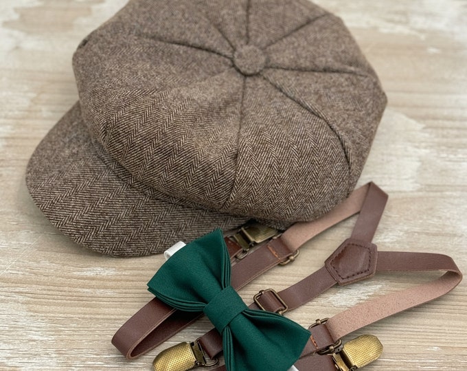 Tweed Newsboy Cap, Skinny Leather Suspenders, Pine Bow Tie, Gem Bow, Ring Bearer Outfit, Cake Smash Outfit, Page Boy Cap, Wedding Set