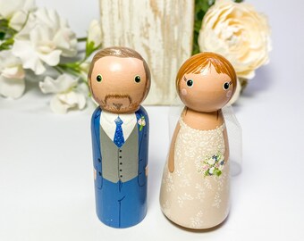 Wedding peg dolls. Personalised Wood/wooden Peg Doll Bride and Groom Wedding Cake Topper Gifts. Unusual, handpainted cute wedding keepsakes.