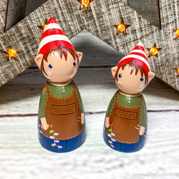 Christmas Elf painted wooden peg doll decoration