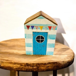 Little wooden beach hut. Mini Hand painted gift. Miniature seaside beach house. Nautical decoration