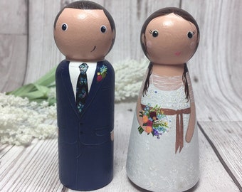 Wedding peg dolls, personalised bride and groom wedding cake topper. Unusual hand painted gift, cute wedding keepsakes, fifth anniversary