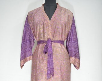 RUIVE Womens Bathrobe Plus Size Half Sleeve Soft Satin Pajamas Vintage Birds Print Nightgown Ladies Belt Cardigan Sleepwear 